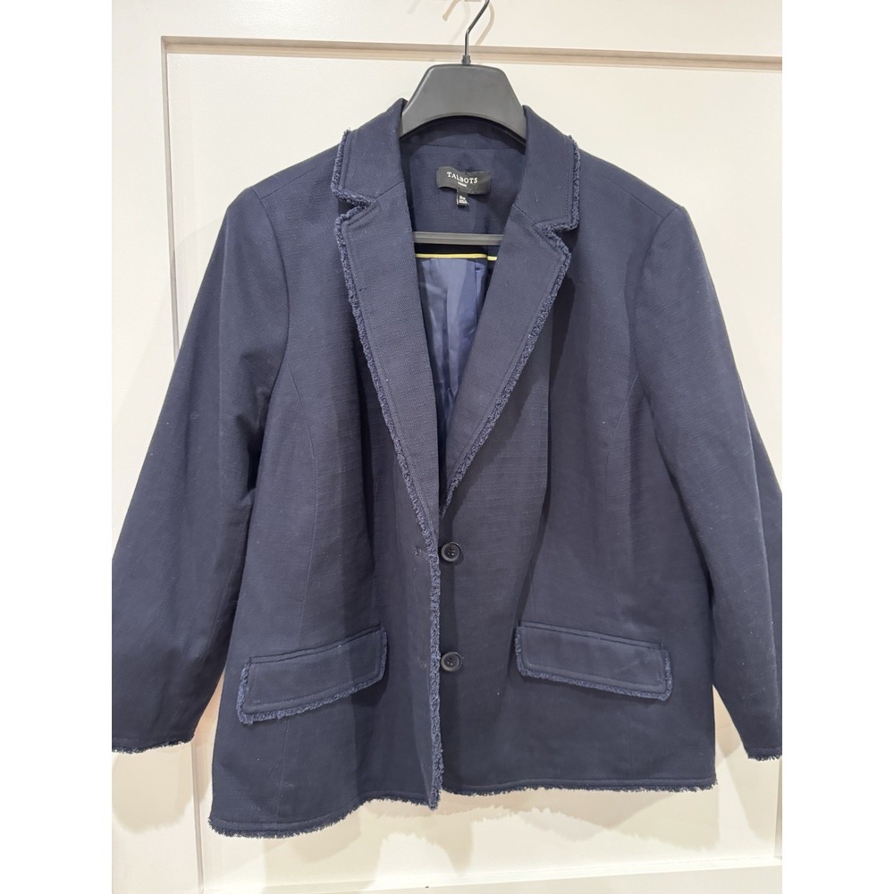 Talbots Navy Stretch Cotton Fringe Trim Textured Jacket Blazer Women's 16W - Picture 5 of 13